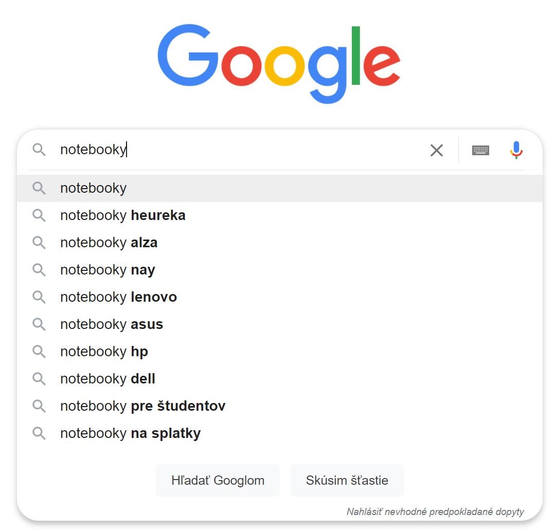 Hľadanie kľúčového slova notebooky na Google.sk