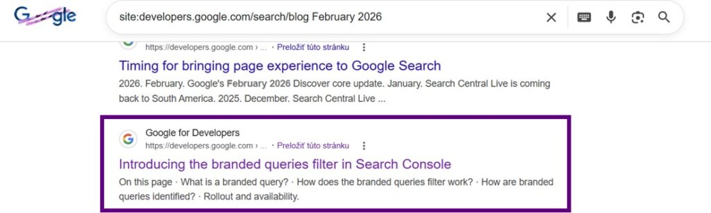 Google výsledky pre site:developers.google.com/search/blog February 2026